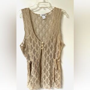 Feruccio Boho Tan Crochet Cardigan Tie Sides 3 Button Open Front OSFM Hippy